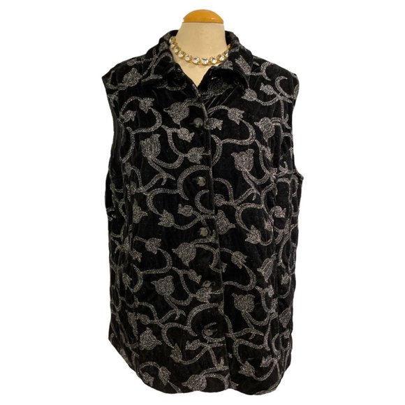 ALLISON DALEY Vest Size 18W Black Velvet with Raised Silver Flowers Curvy - Picture 5 of 13